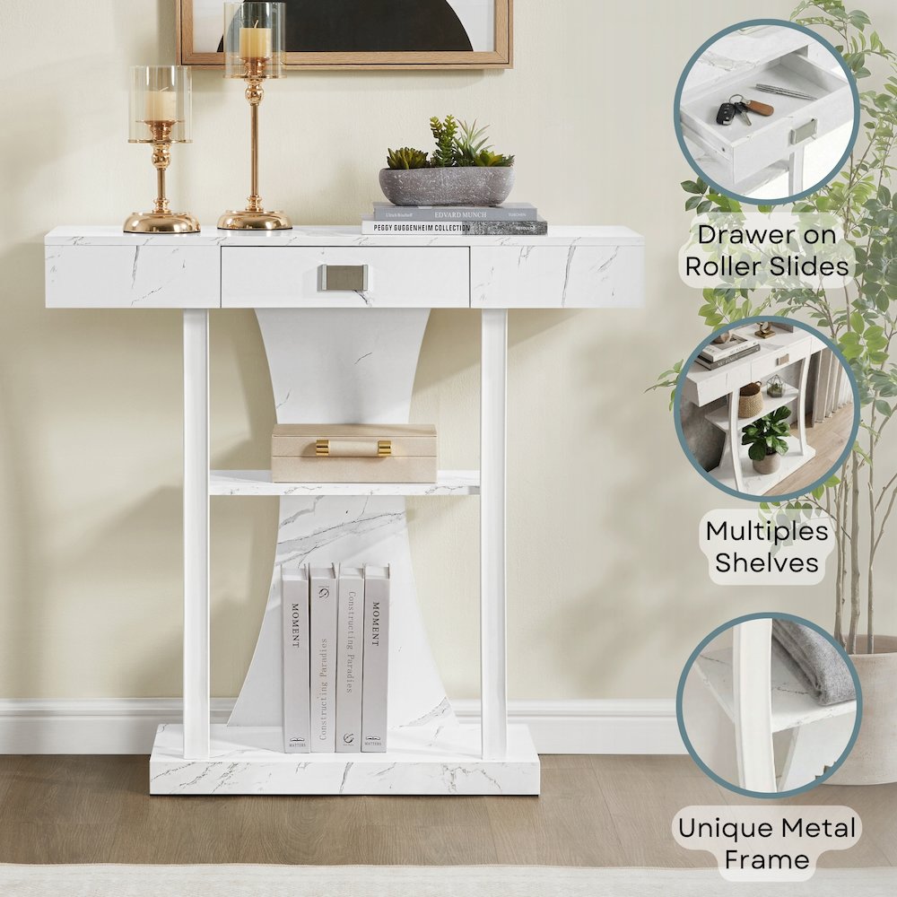 Newport 1 Drawer Harri Console Table with Shelves, White Faux Marble/White Base. Picture 3