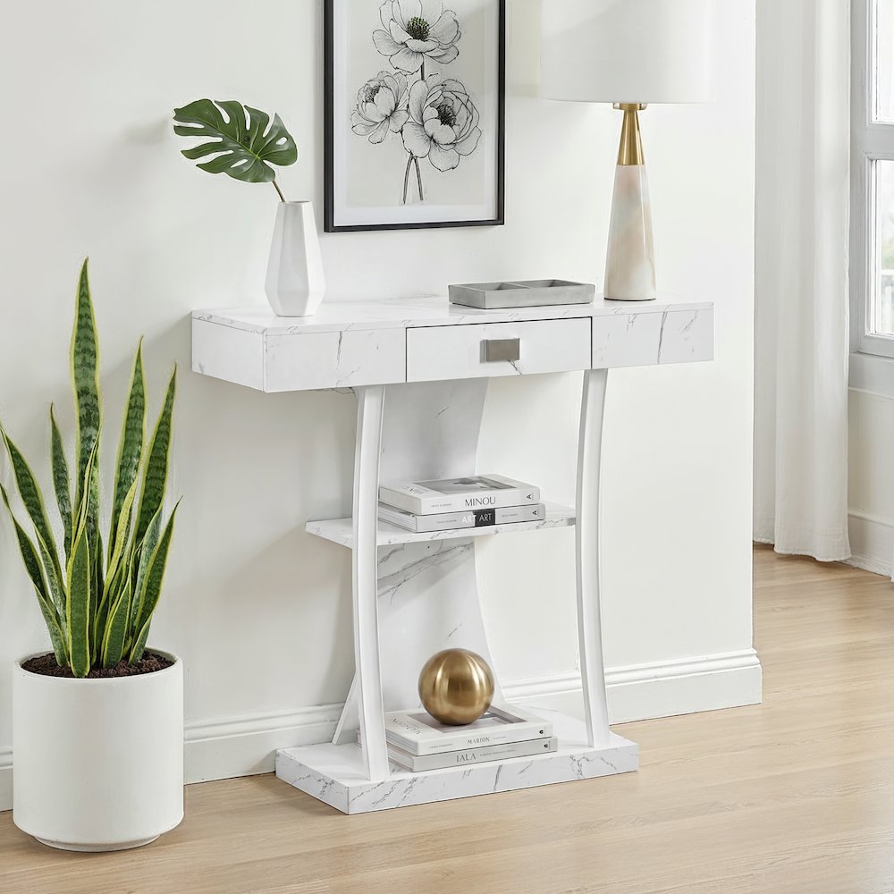 Newport 1 Drawer Harri Console Table with Shelves, White Faux Marble/White Base. Picture 2
