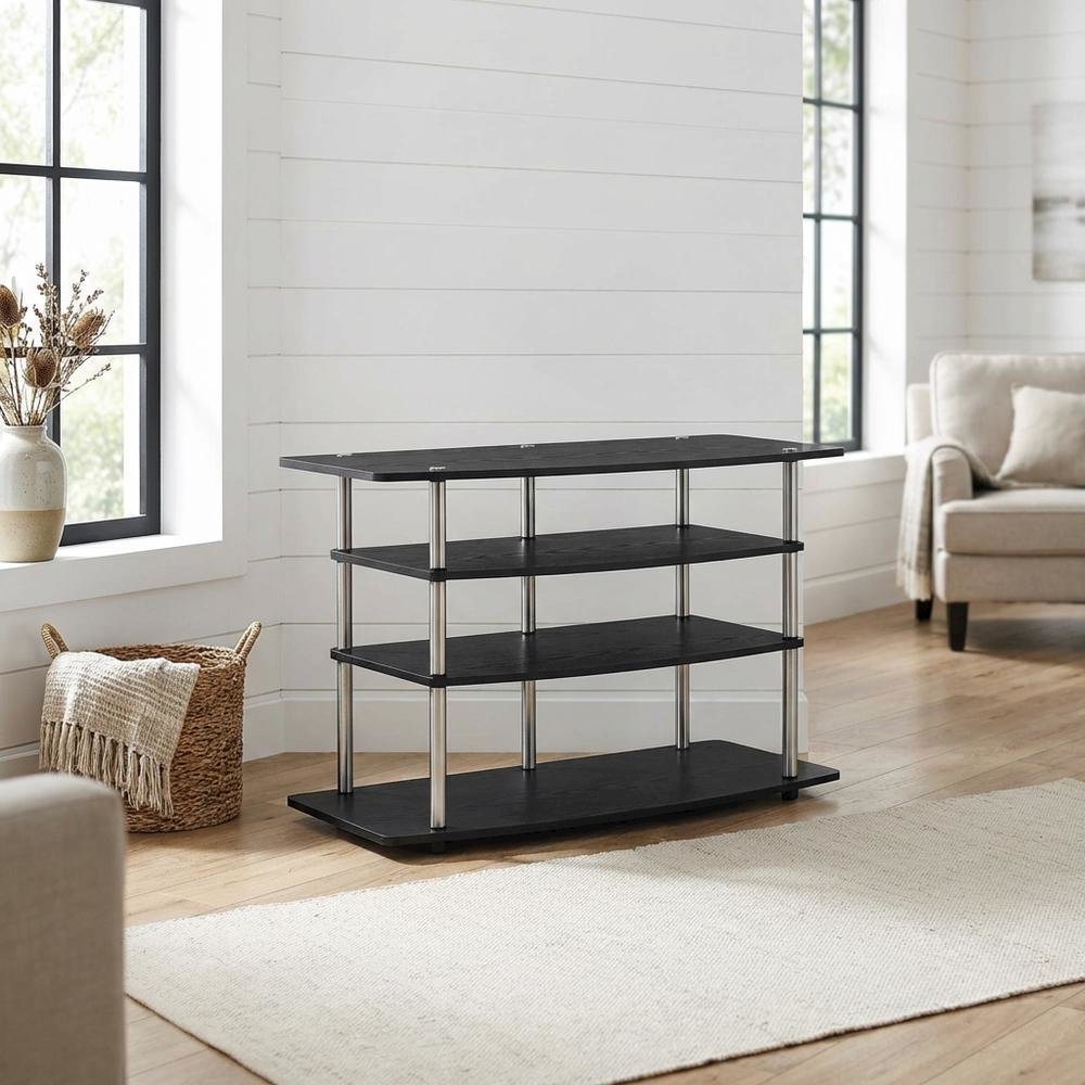 Black No Tools Wide Highboy TV Stand, Particle Board Shelves, Steel Poles. Picture 2
