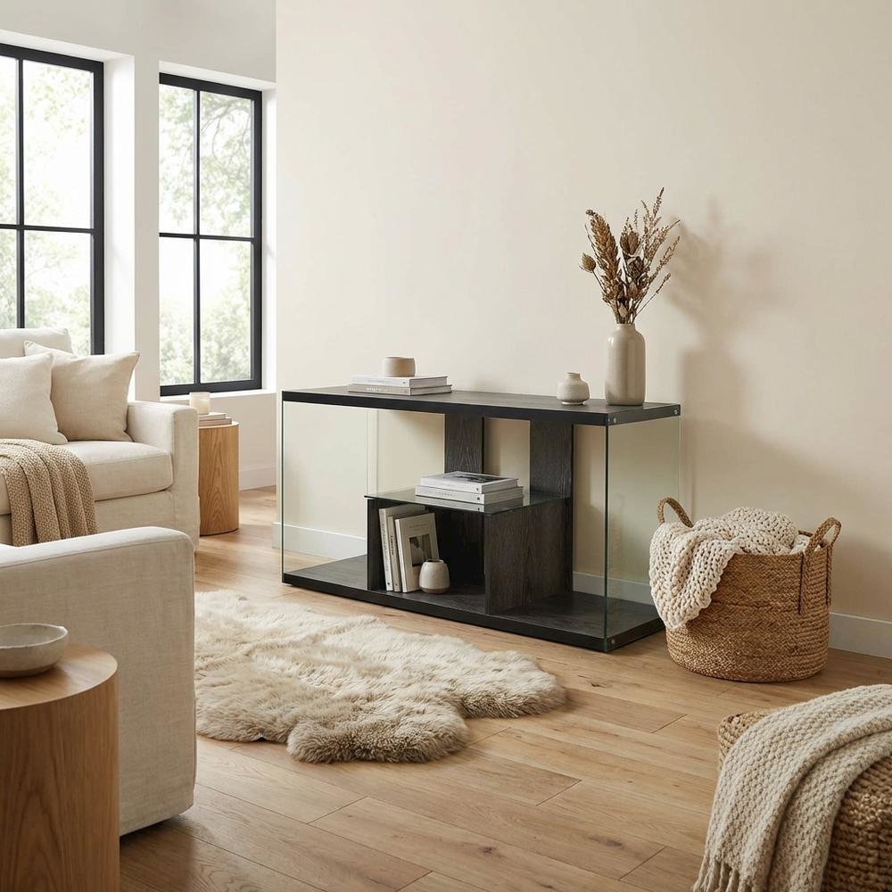 Weathered Gray TV Stand with Tempered Glass and PVC Edge Banding. Picture 3