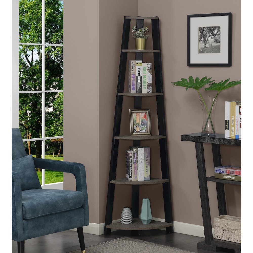 Newport 5 Tier Corner Bookshelf Faux Cement/Black. Picture 2