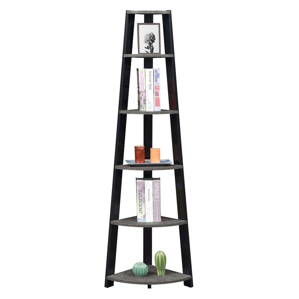 Newport 5 Tier Corner Bookshelf Faux Cement/Black. Picture 3