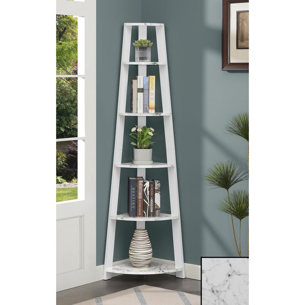 Newport 5 Tier Corner Bookshelf White Faux Marble/White. Picture 3