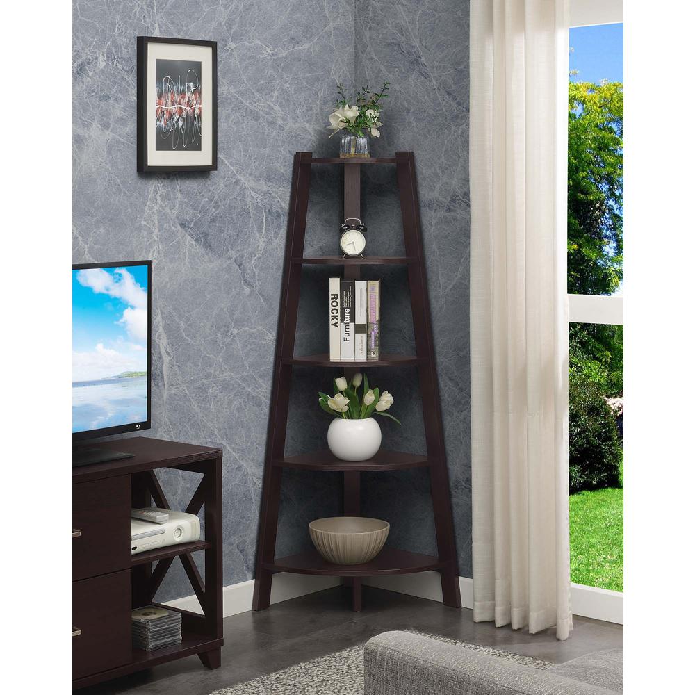 Newport 5 Tier Wide Corner Bookcase, Espresso. Picture 4
