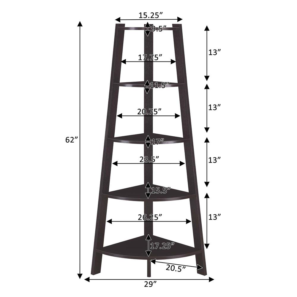 Newport 5 Tier Wide Corner Bookcase, Espresso. Picture 5