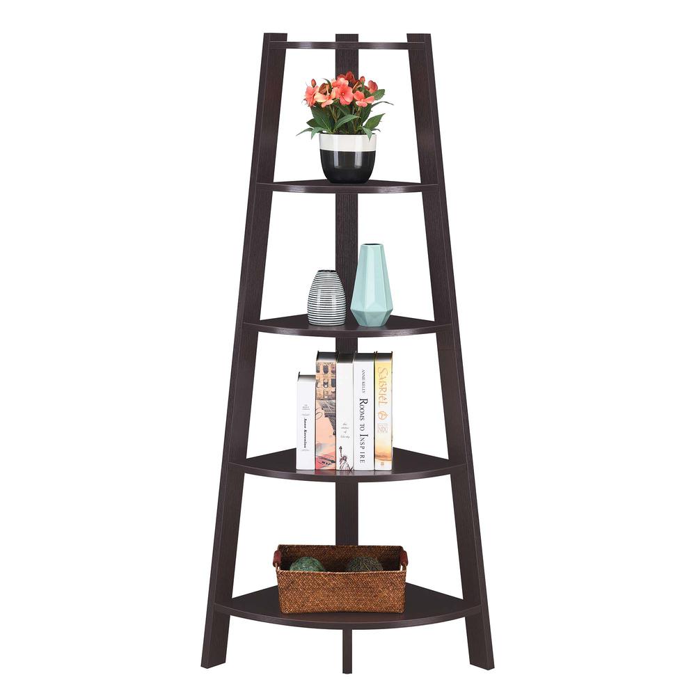 Newport 5 Tier Wide Corner Bookcase, Espresso. Picture 2