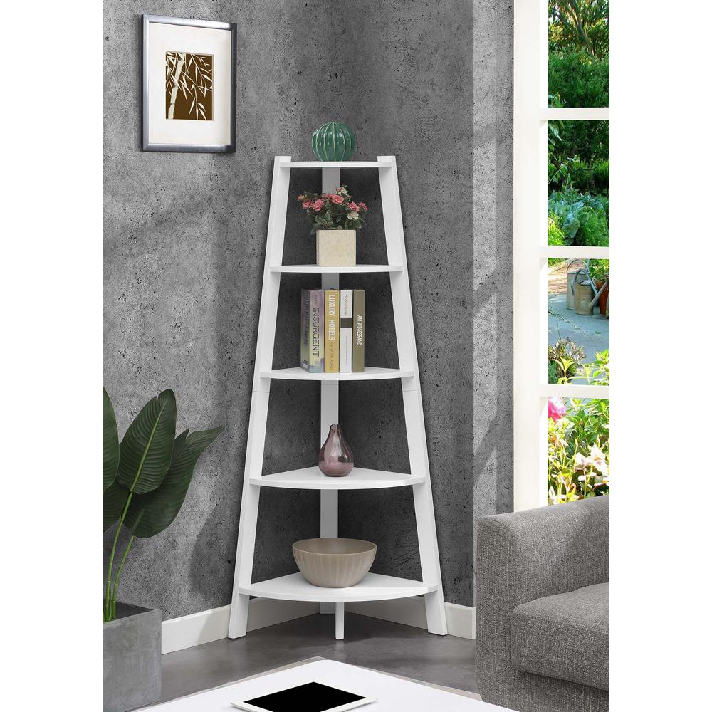 Newport 5 Tier Wide Corner Bookcase, White. Picture 4