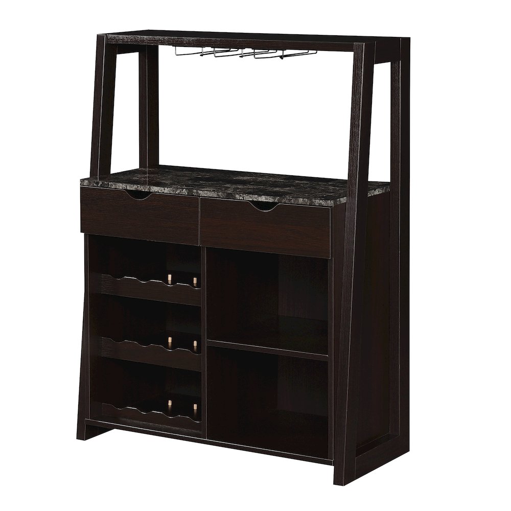 Uptown Wine Bar With Cabinet, Faux Black Marble/Espresso. Picture 1