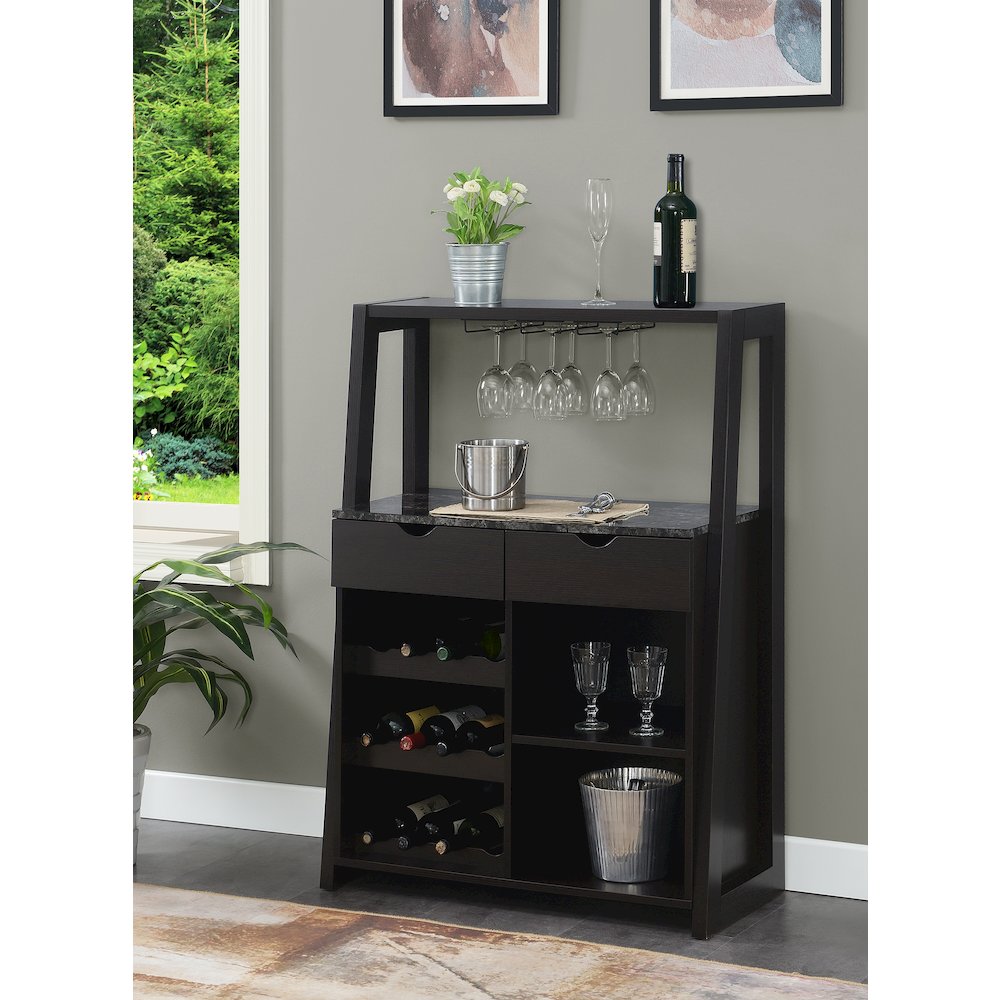 Uptown Wine Bar With Cabinet, Faux Black Marble/Espresso. Picture 2
