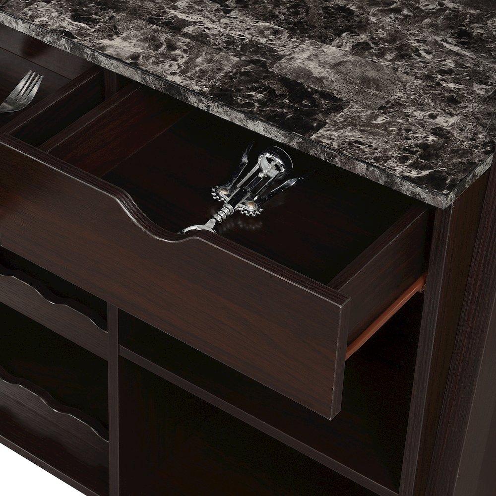 Uptown Wine Bar With Cabinet, Faux Black Marble/Espresso. Picture 6
