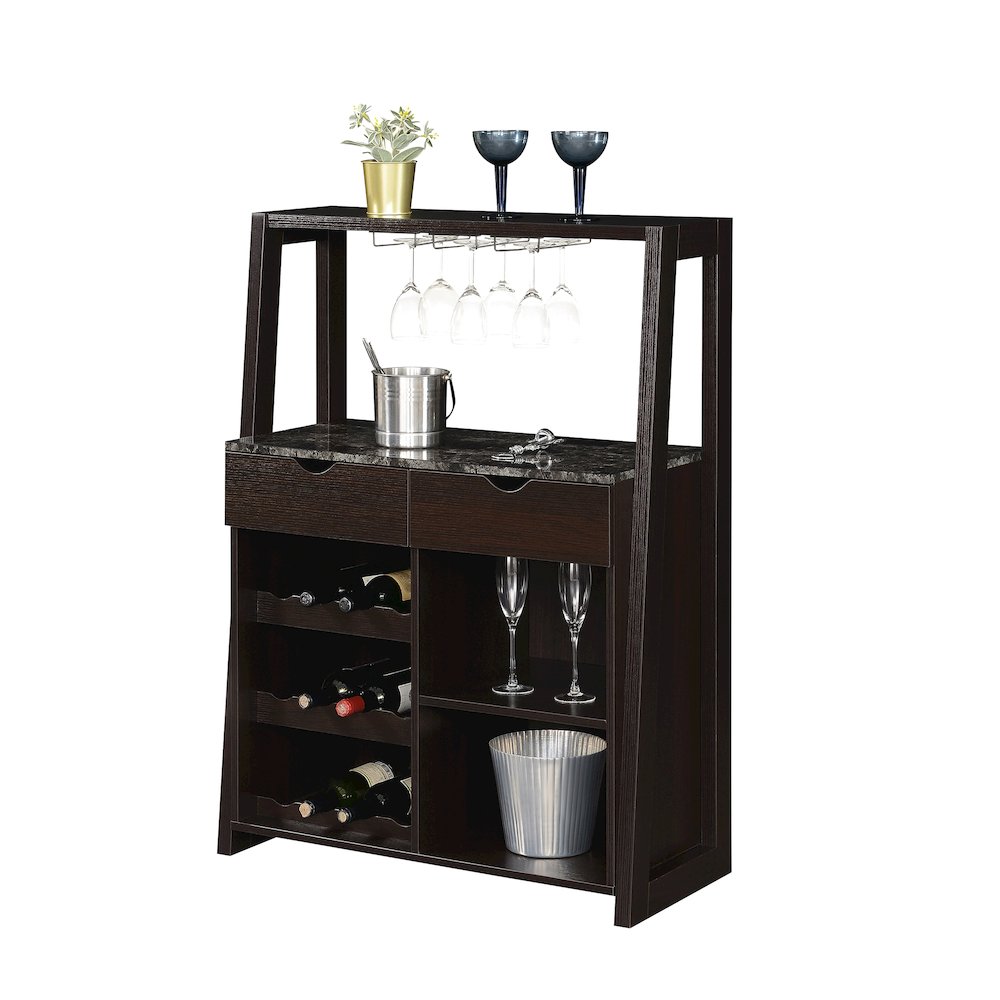 Uptown Wine Bar With Cabinet, Faux Black Marble/Espresso. Picture 3