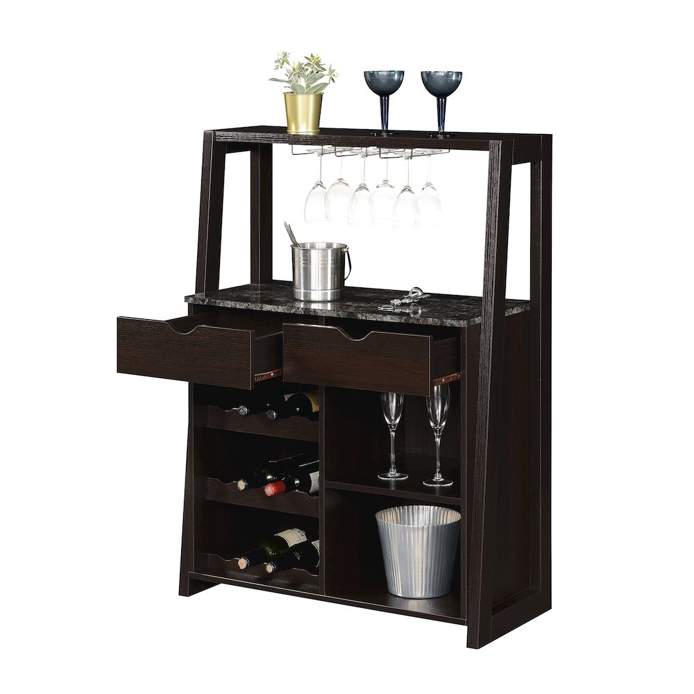 Uptown Wine Bar With Cabinet, Faux Black Marble/Espresso. Picture 4