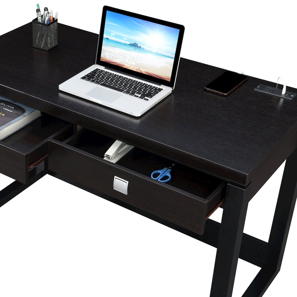 Newport 2 Drawer Desk With Charging Station, Espresso/Black. Picture 5