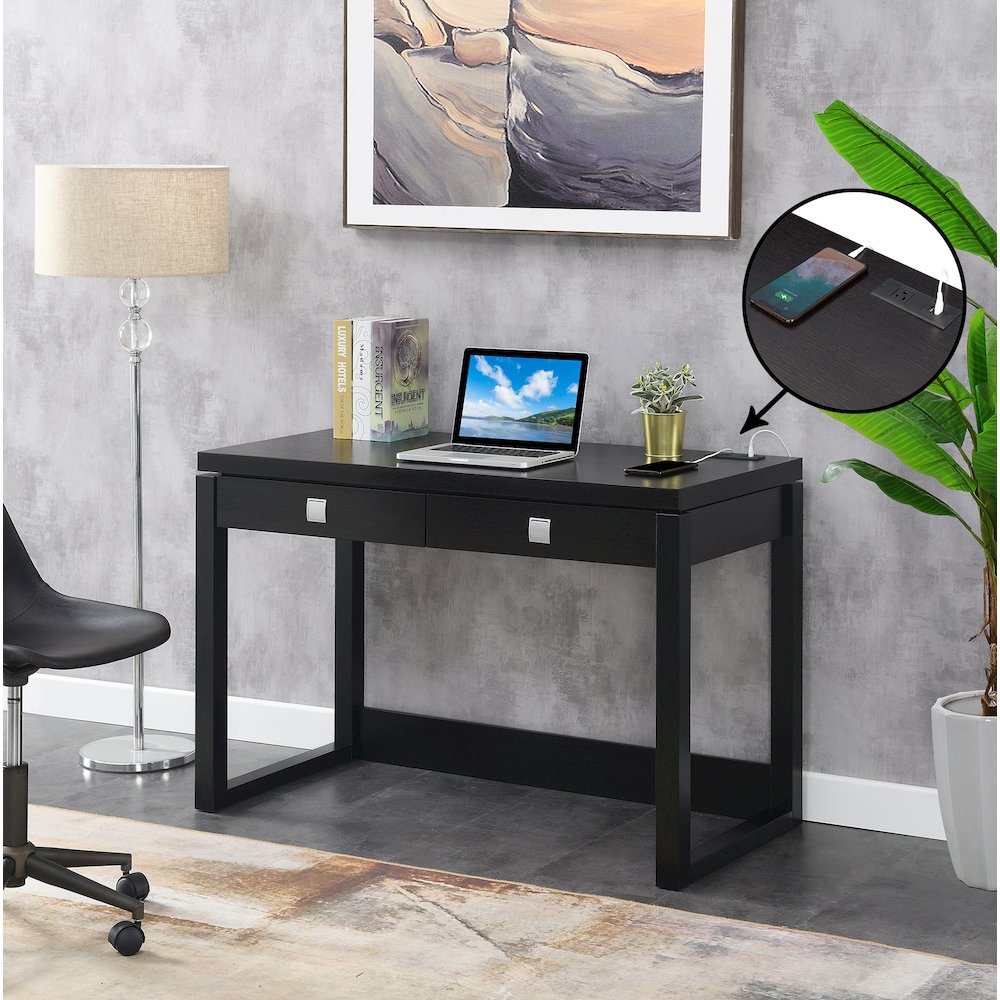Newport 2 Drawer Desk With Charging Station, Espresso/Black. Picture 2