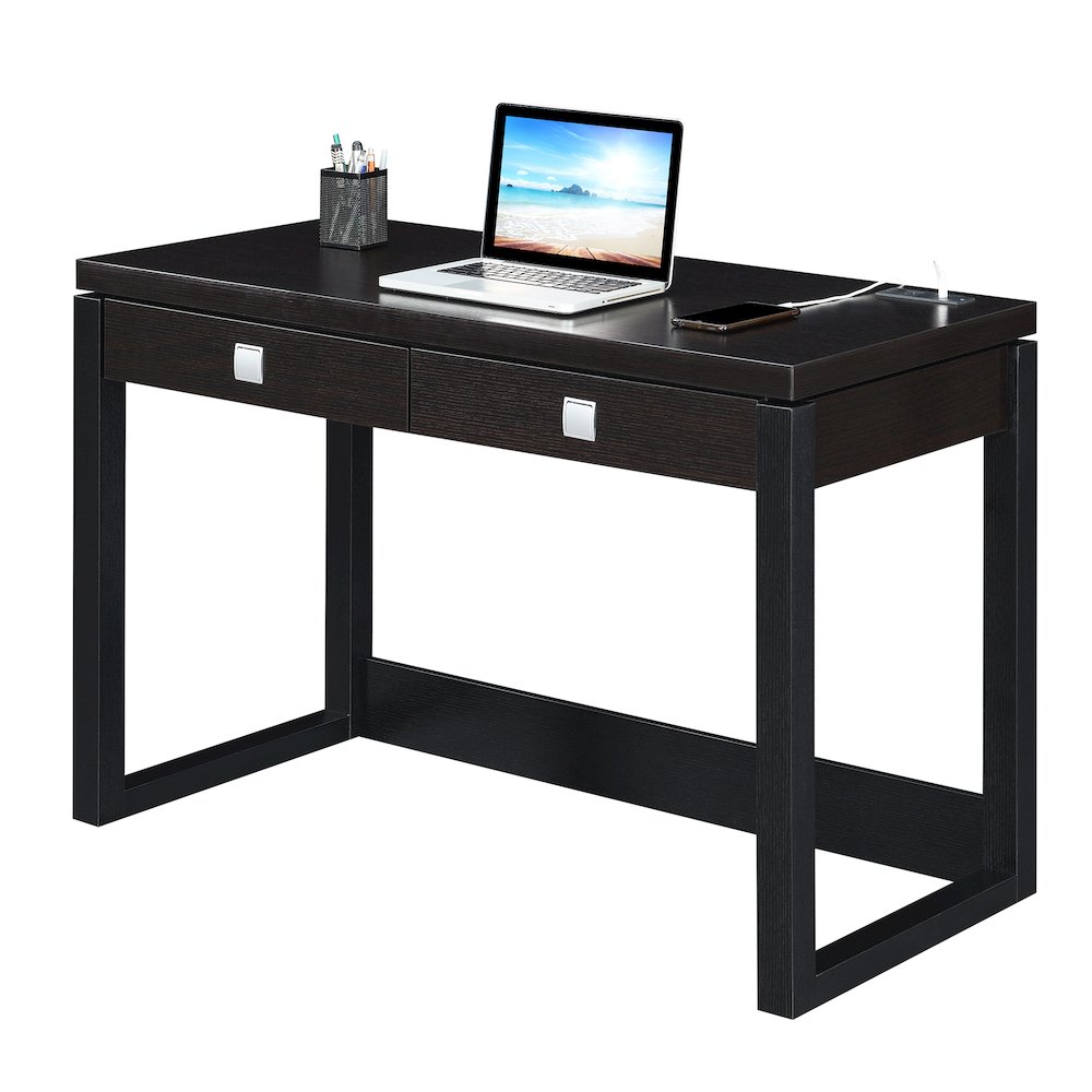 Newport 2 Drawer Desk With Charging Station, Espresso/Black. Picture 3