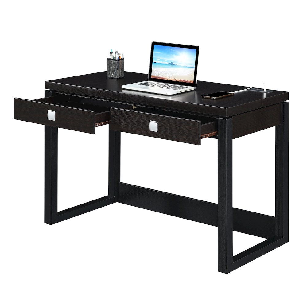 Newport 2 Drawer Desk With Charging Station, Espresso/Black. Picture 4
