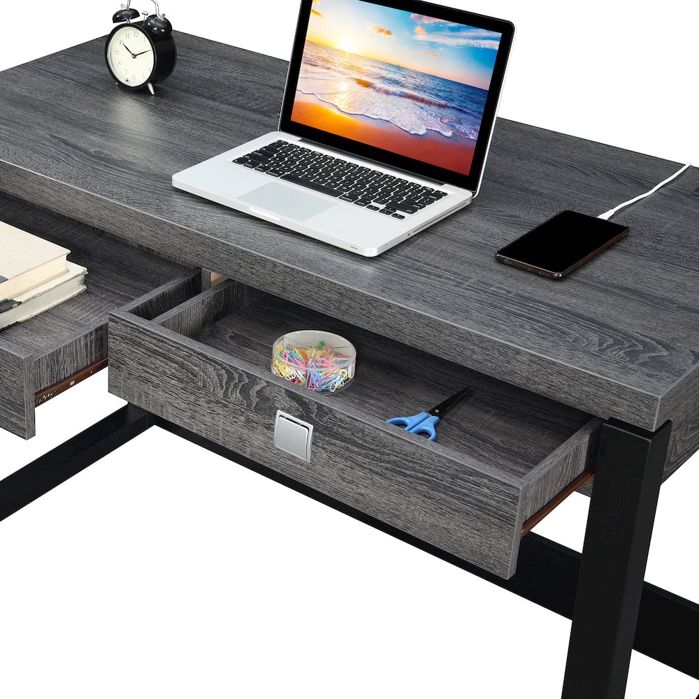 Newport 2 Drawer Desk With Charging Station, Weathered Gray/Black. Picture 5