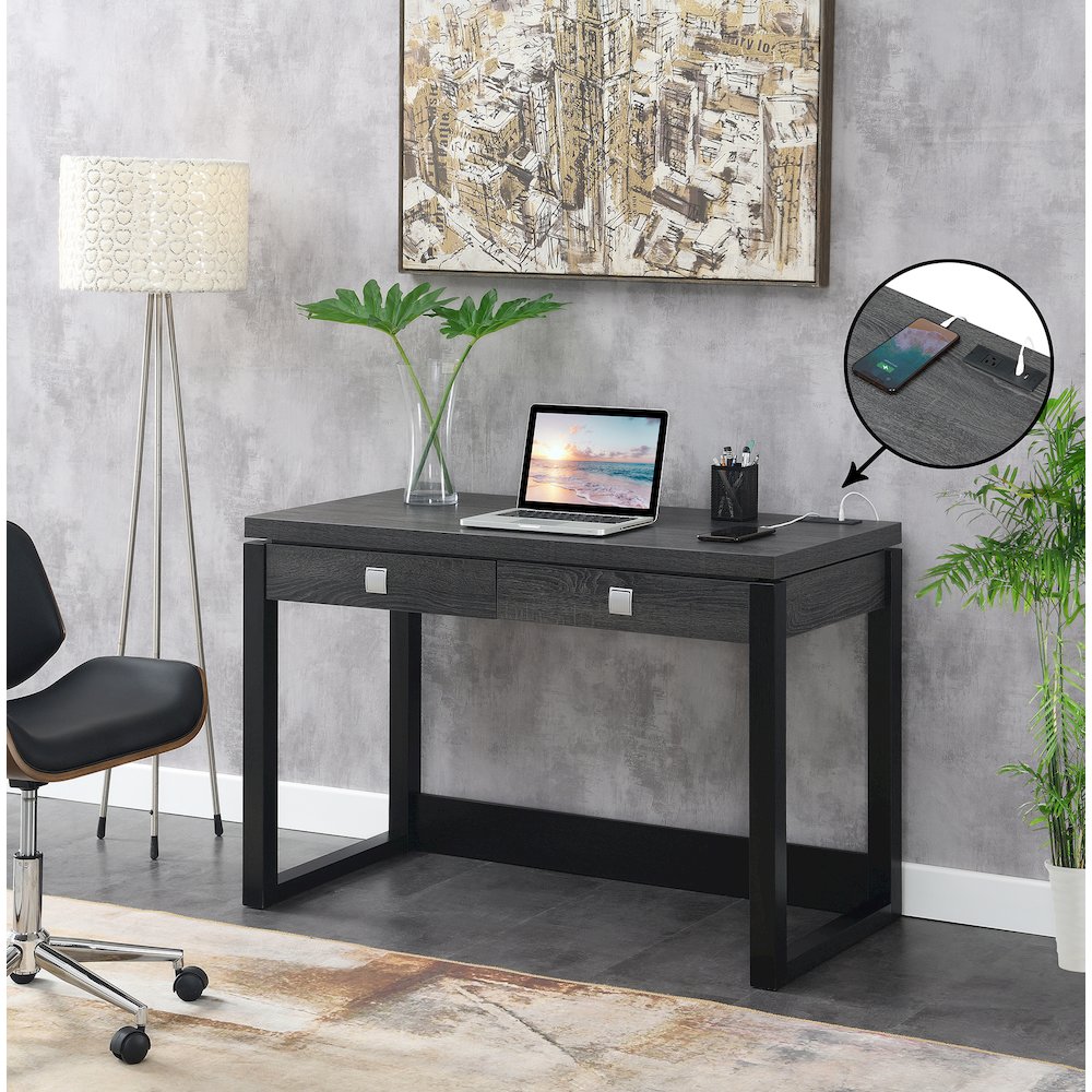Newport 2 Drawer Desk With Charging Station, Weathered Gray/Black. Picture 2