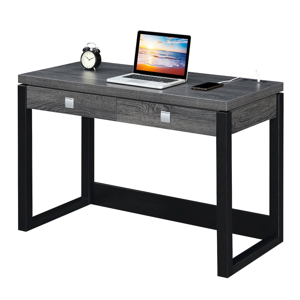Newport 2 Drawer Desk With Charging Station, Weathered Gray/Black. Picture 3