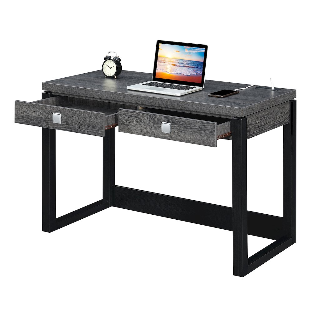 Newport 2 Drawer Desk With Charging Station, Weathered Gray/Black. Picture 4
