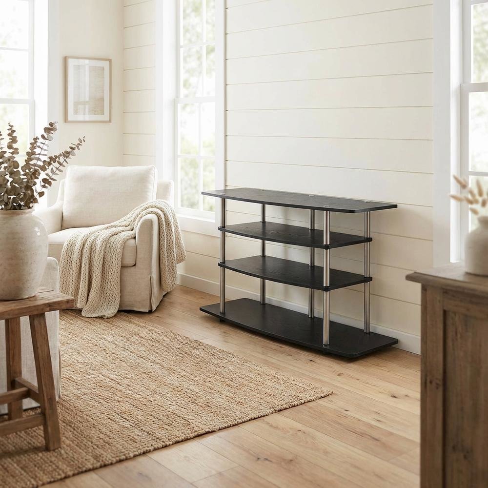 Black No Tools Wide Highboy TV Stand, Particle Board Shelves, Steel Poles. Picture 3