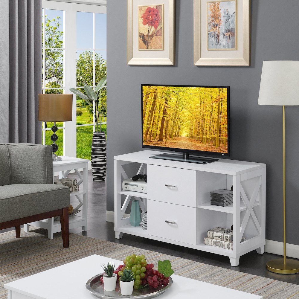 Oxford Deluxe 2 Drawer TV Stand with Shelves for TVs up to 55 Inches, White. Picture 2