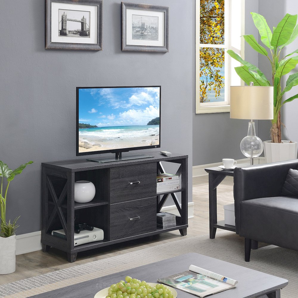 Oxford Deluxe 2 Drawer TV Stand with Shelves for TVs up to 55 Inches, Gray. Picture 2