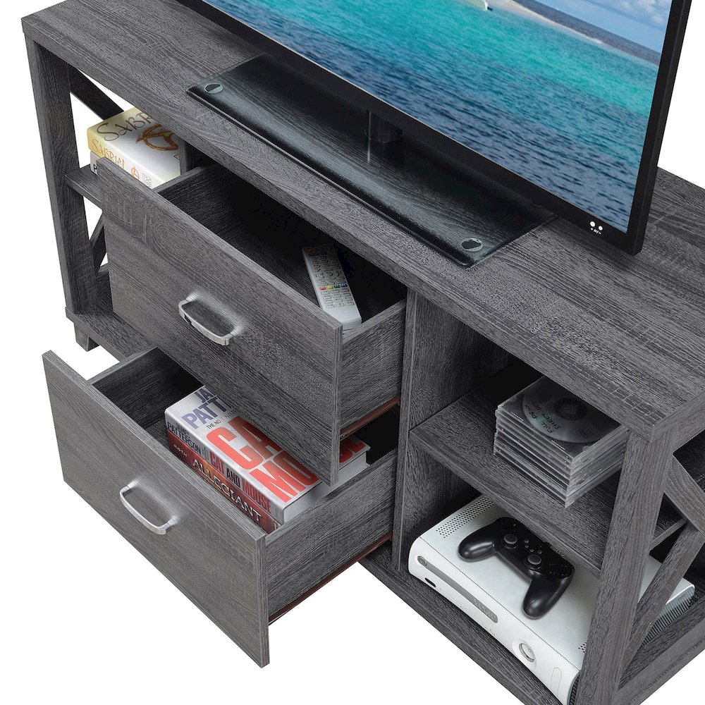 Oxford Deluxe 2 Drawer TV Stand with Shelves for TVs up to 55 Inches, Gray. Picture 5