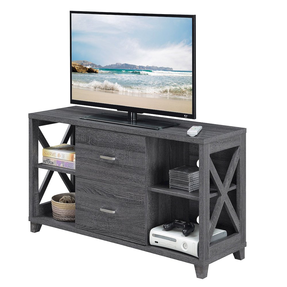 Oxford Deluxe 2 Drawer TV Stand with Shelves for TVs up to 55 Inches, Gray. Picture 3