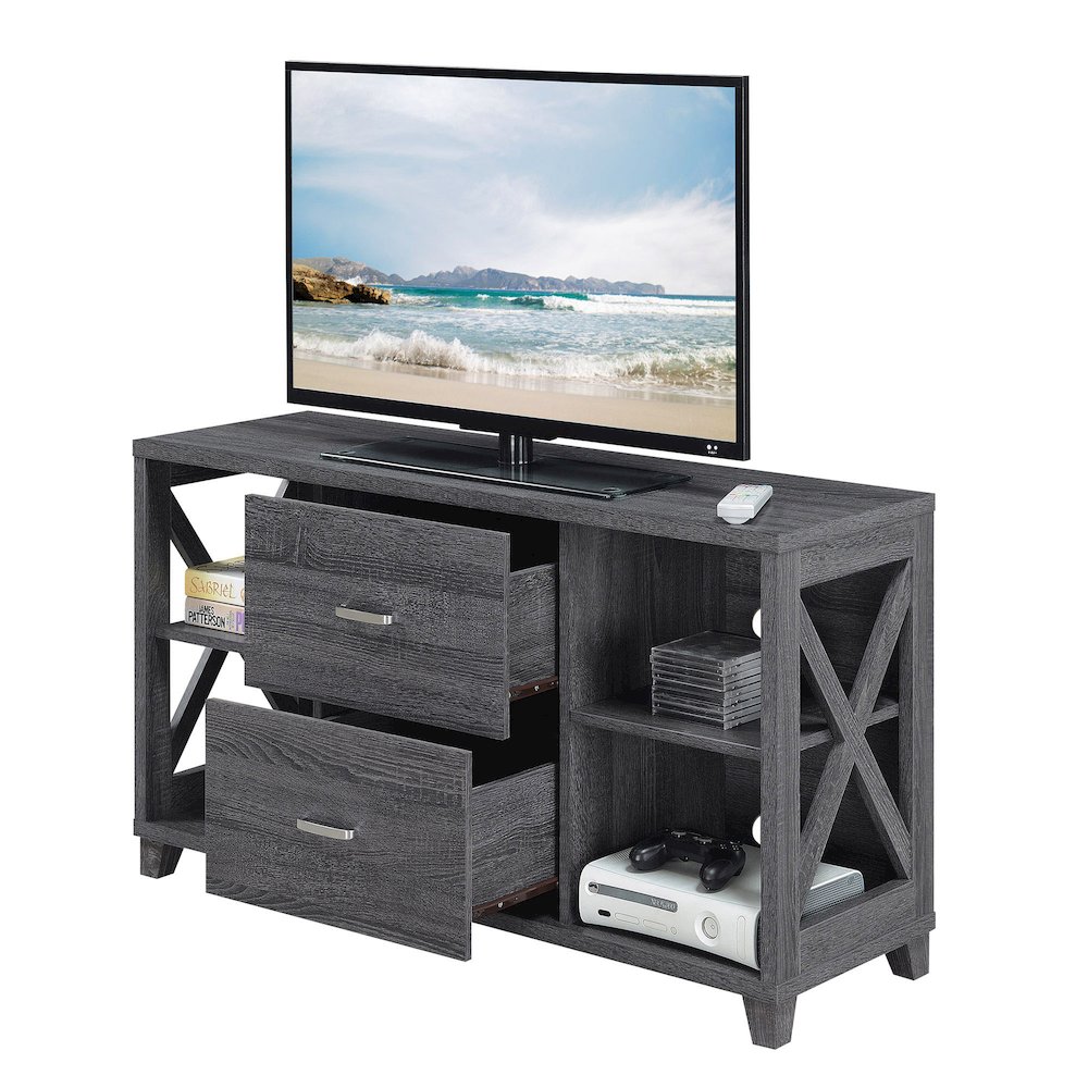 Oxford Deluxe 2 Drawer TV Stand with Shelves for TVs up to 55 Inches, Gray. Picture 4