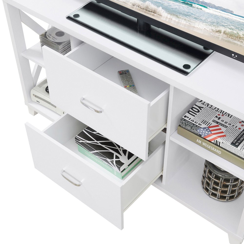 Oxford Deluxe 2 Drawer TV Stand with Shelves for TVs up to 55 Inches, White. Picture 5