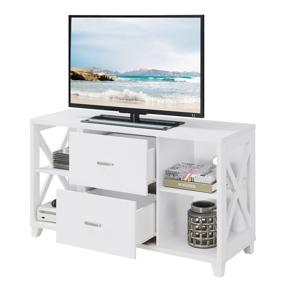 Oxford Deluxe 2 Drawer TV Stand with Shelves for TVs up to 55 Inches, White. Picture 4