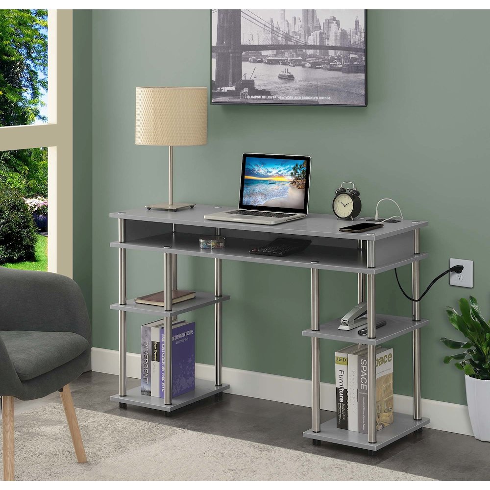 Designs2Go No Tools Student Desk With Charging Station, Gray. Picture 2