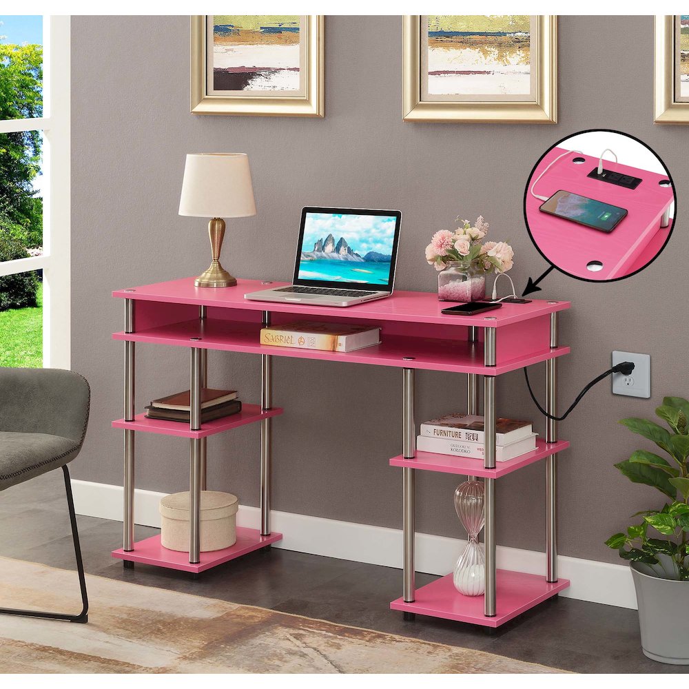 Designs2Go No Tools Student Desk With Charging Station, Pink. Picture 2
