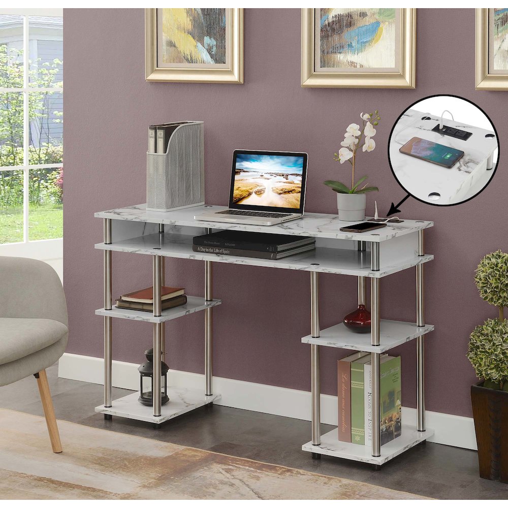 Designs2Go No Tools Student Desk With Charging Station, White Marble. Picture 2