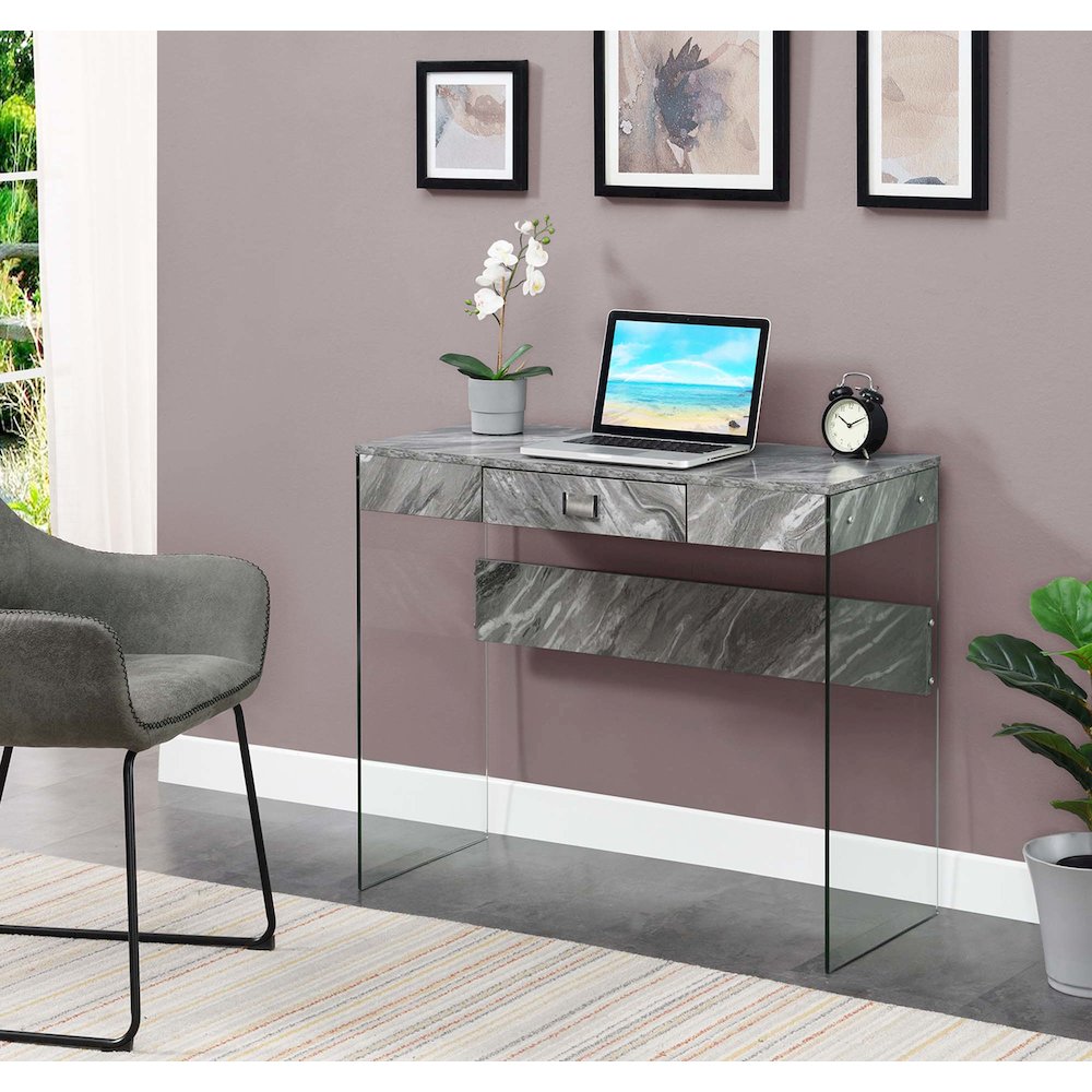 Soho Glass 36 Inch Desk, Gray Marble. Picture 2
