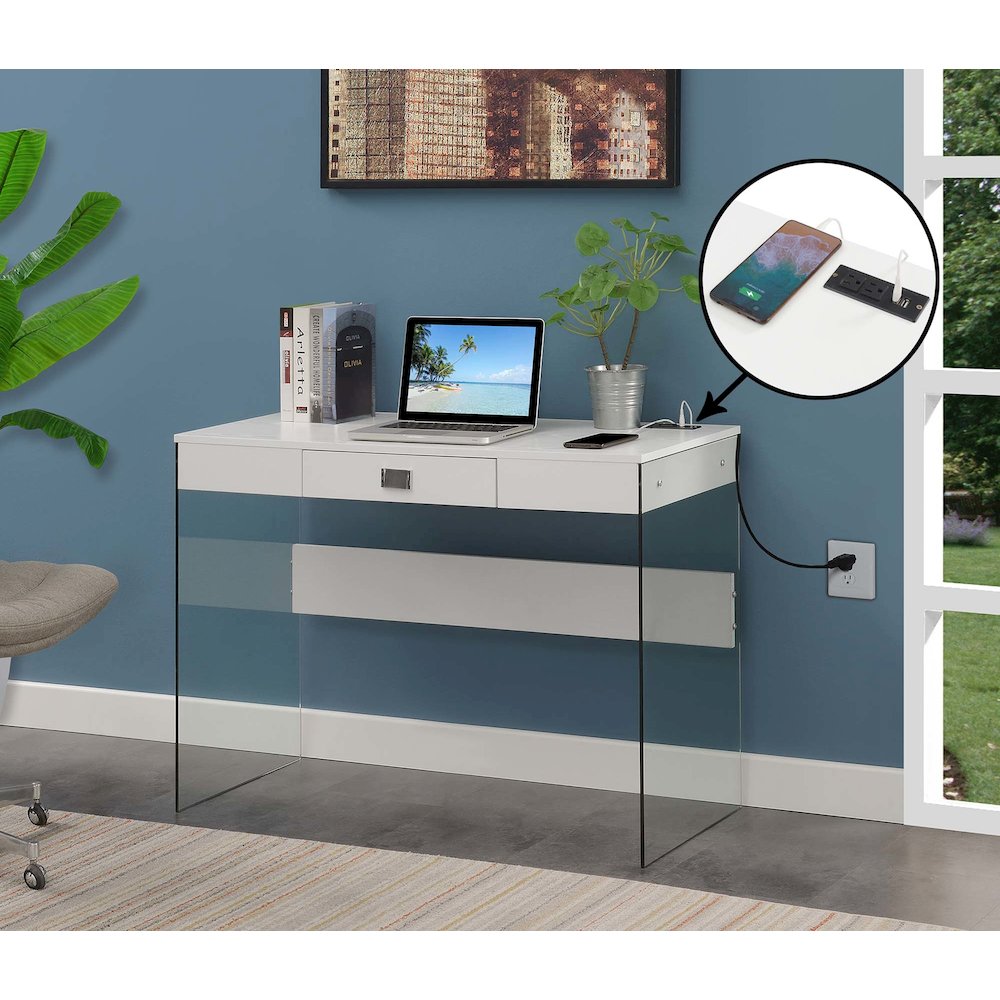 Soho 42 Inch Glass Desk With Charging Station, White. Picture 2