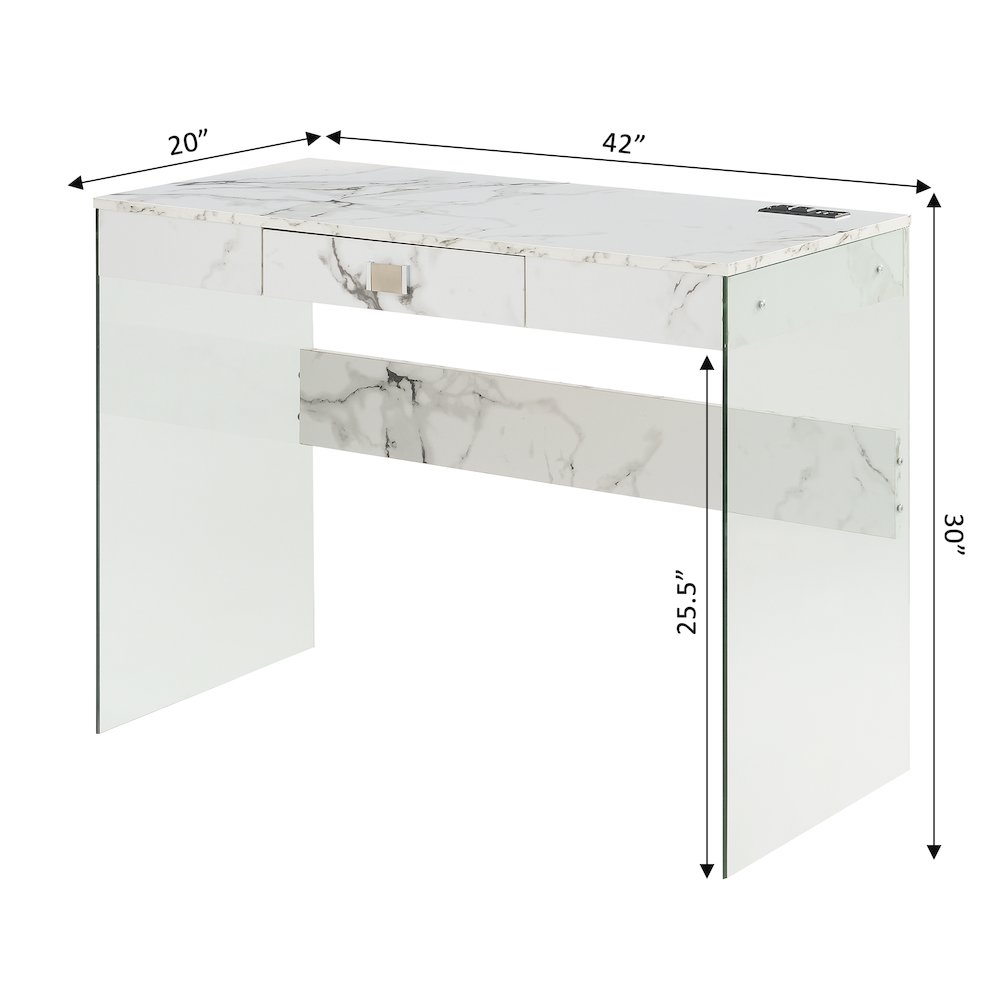 Soho 42 Inch Glass Desk With Charging Station, Faux White Marble. Picture 7