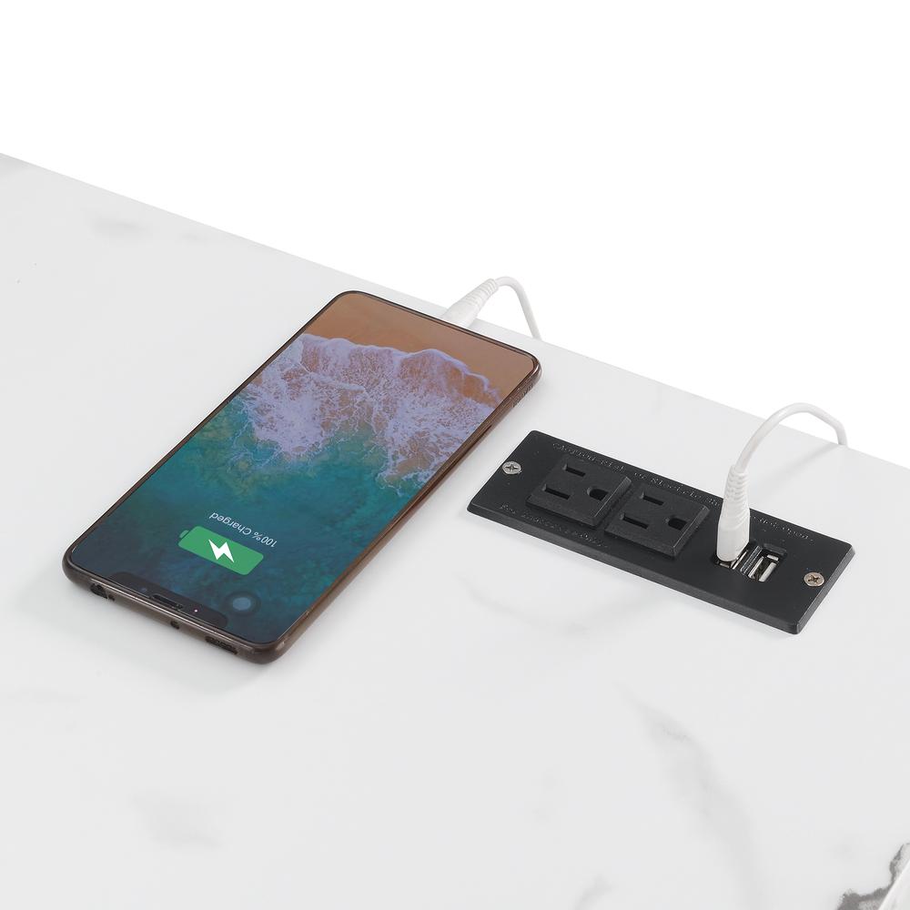 Soho 42 Inch Glass Desk With Charging Station, Faux White Marble. Picture 2