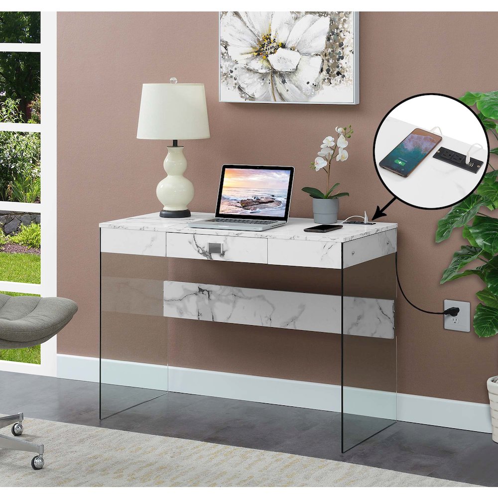 Soho 42 Inch Glass Desk With Charging Station, Faux White Marble. Picture 2