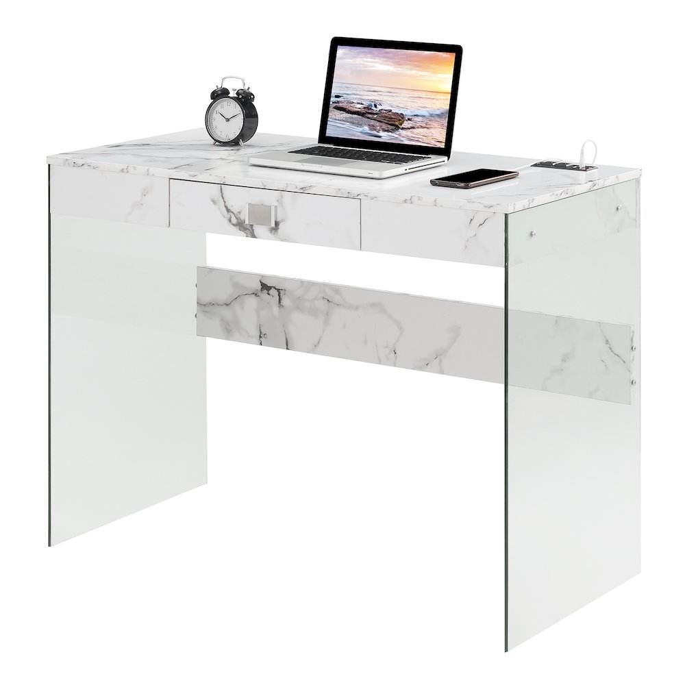 Soho 42 Inch Glass Desk With Charging Station, Faux White Marble. Picture 3
