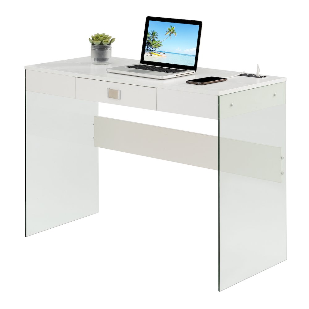 Soho 42 Inch Glass Desk With Charging Station, White. Picture 3