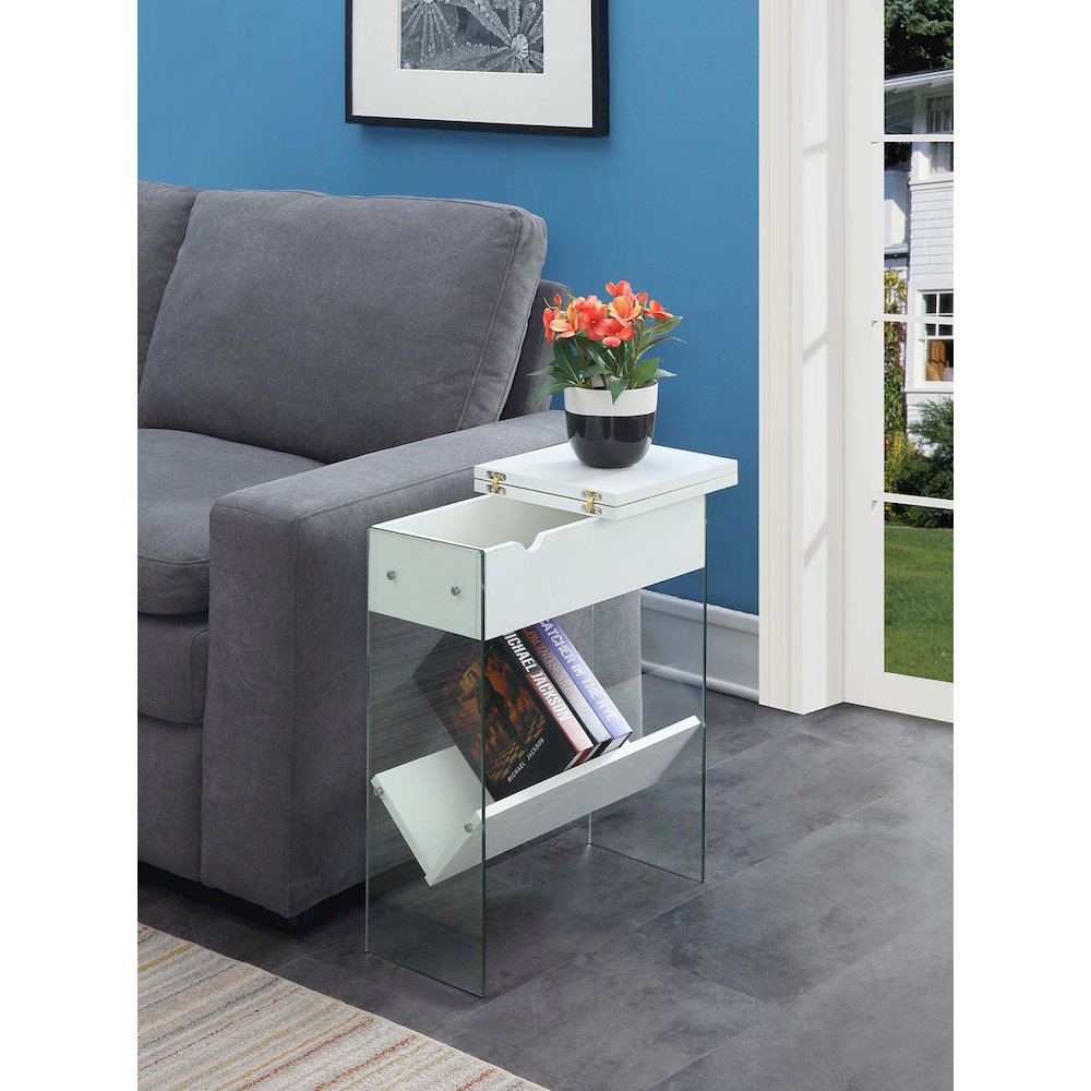 SoHo Flip Top End Table with Charging Station and Shelf, White. Picture 2