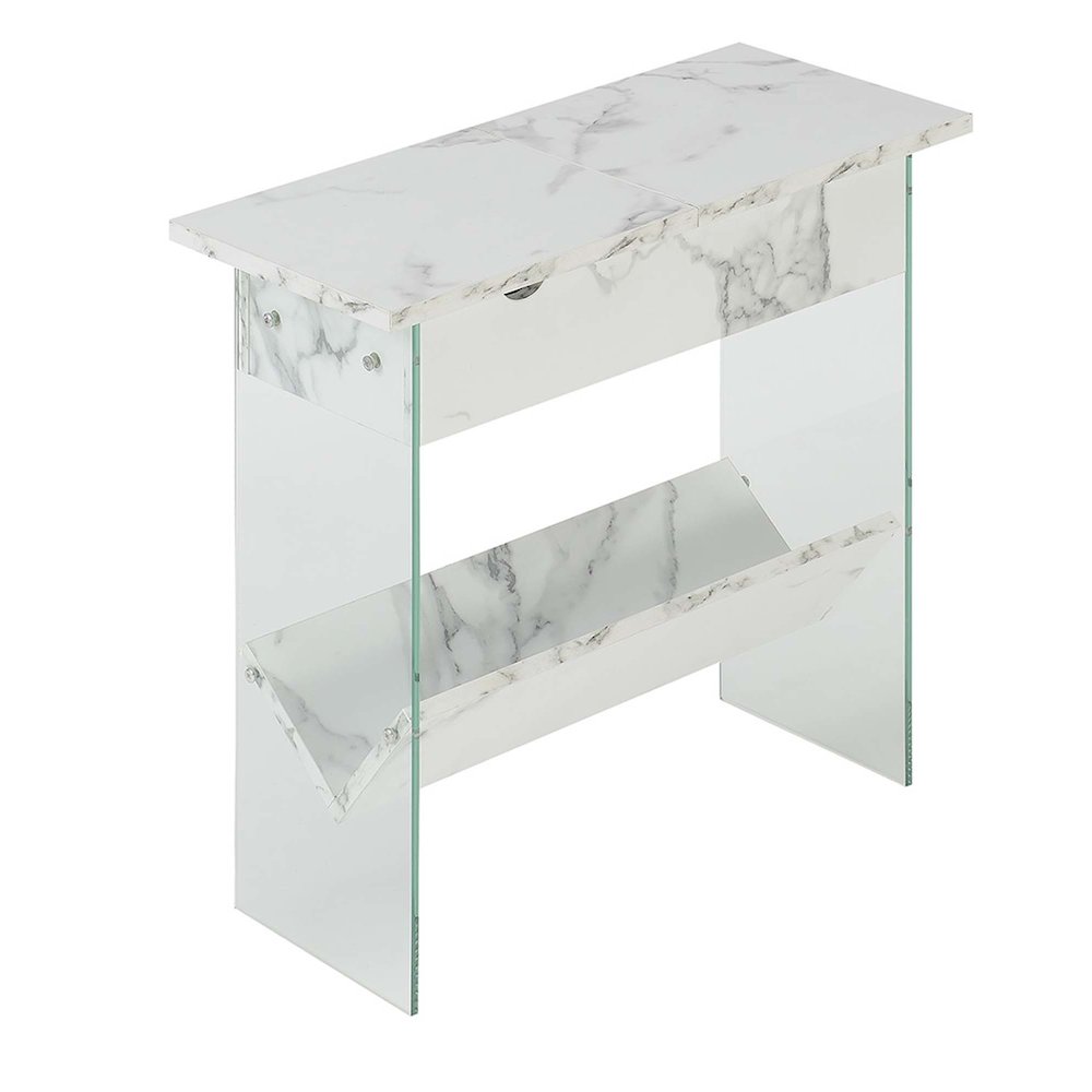 SoHo Flip Top End Table with Charging Station and Shelf, White Faux Marble/Glass. Picture 1