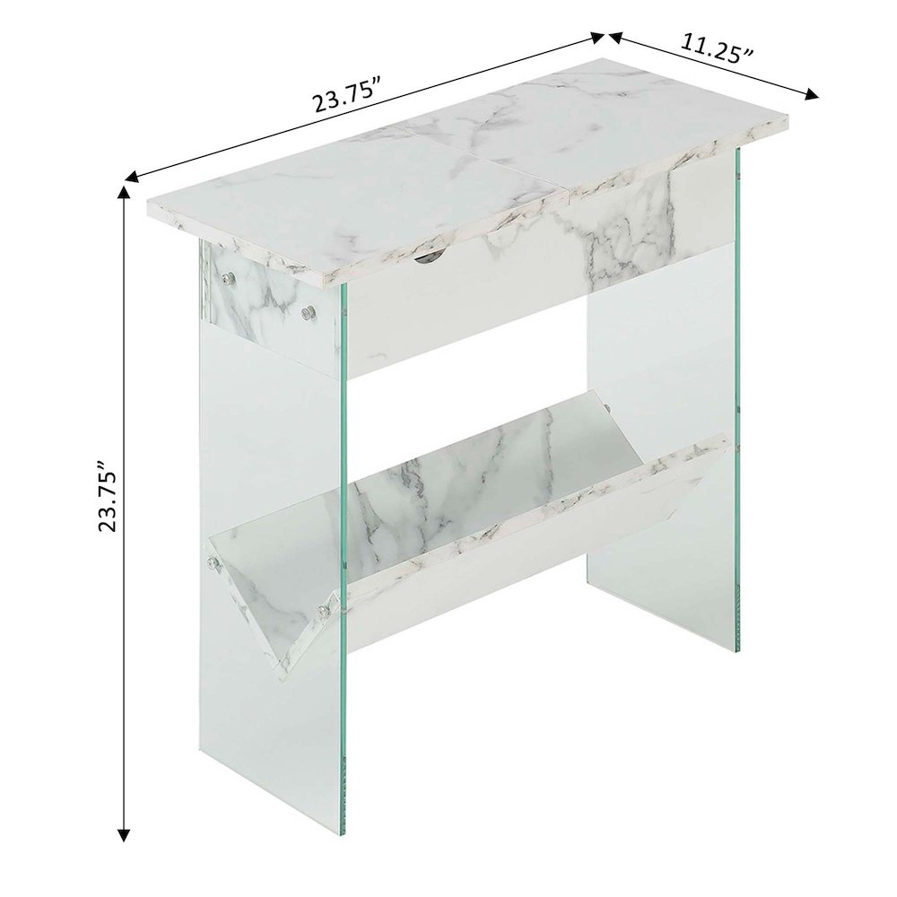 SoHo Flip Top End Table with Charging Station and Shelf, White Faux Marble/Glass. Picture 8