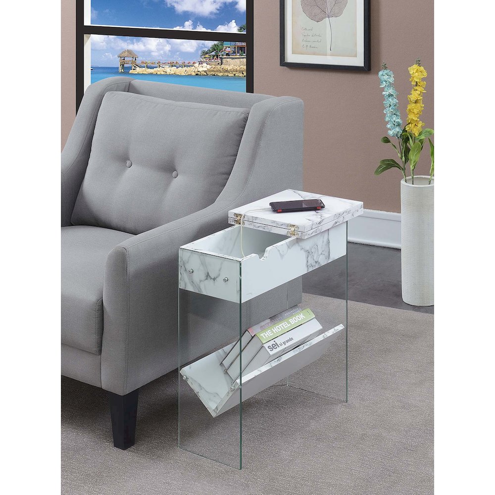SoHo Flip Top End Table with Charging Station and Shelf, White Faux Marble/Glass. Picture 2