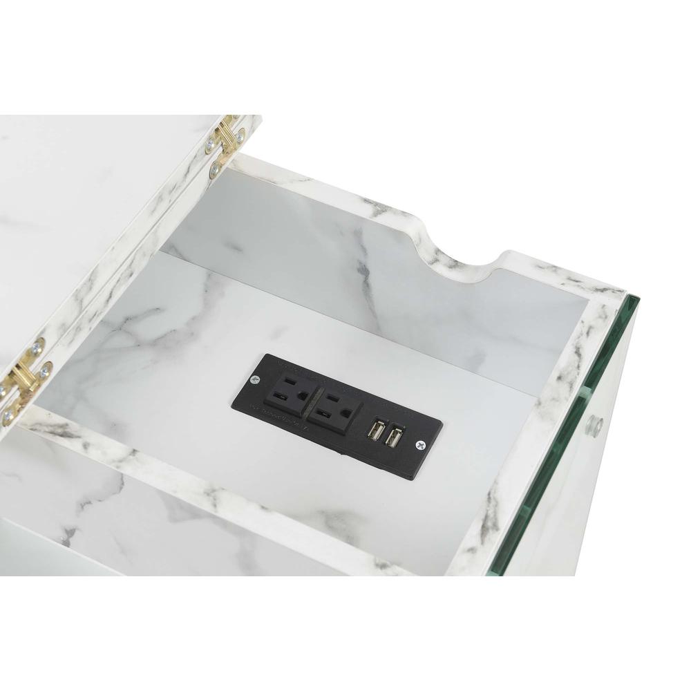 SoHo Flip Top End Table with Charging Station and Shelf, White Faux Marble/Glass. Picture 4