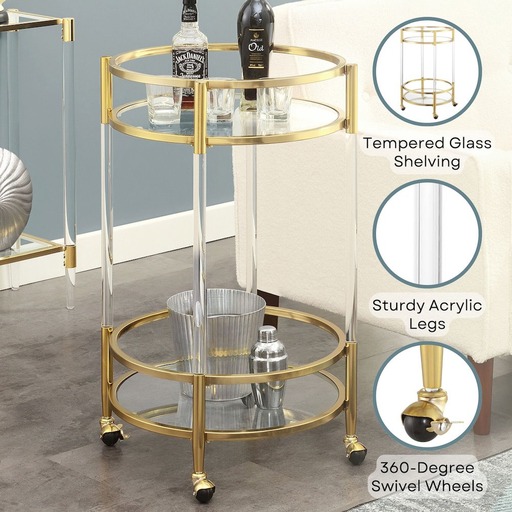 Royal Crest 2 Tier Acrylic Round Glass Bar Cart. Picture 4