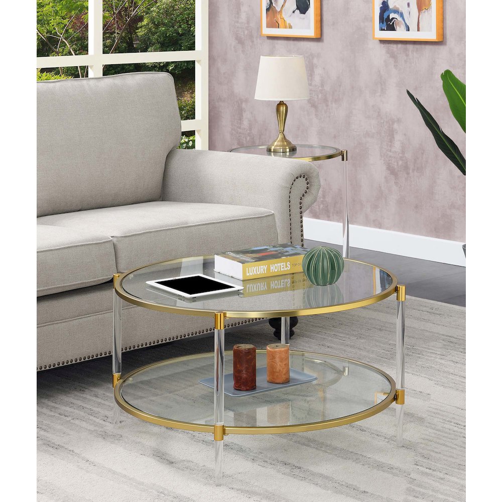 Royal Crest Acrylic Glass Coffee Table, Clear/Gold. Picture 2