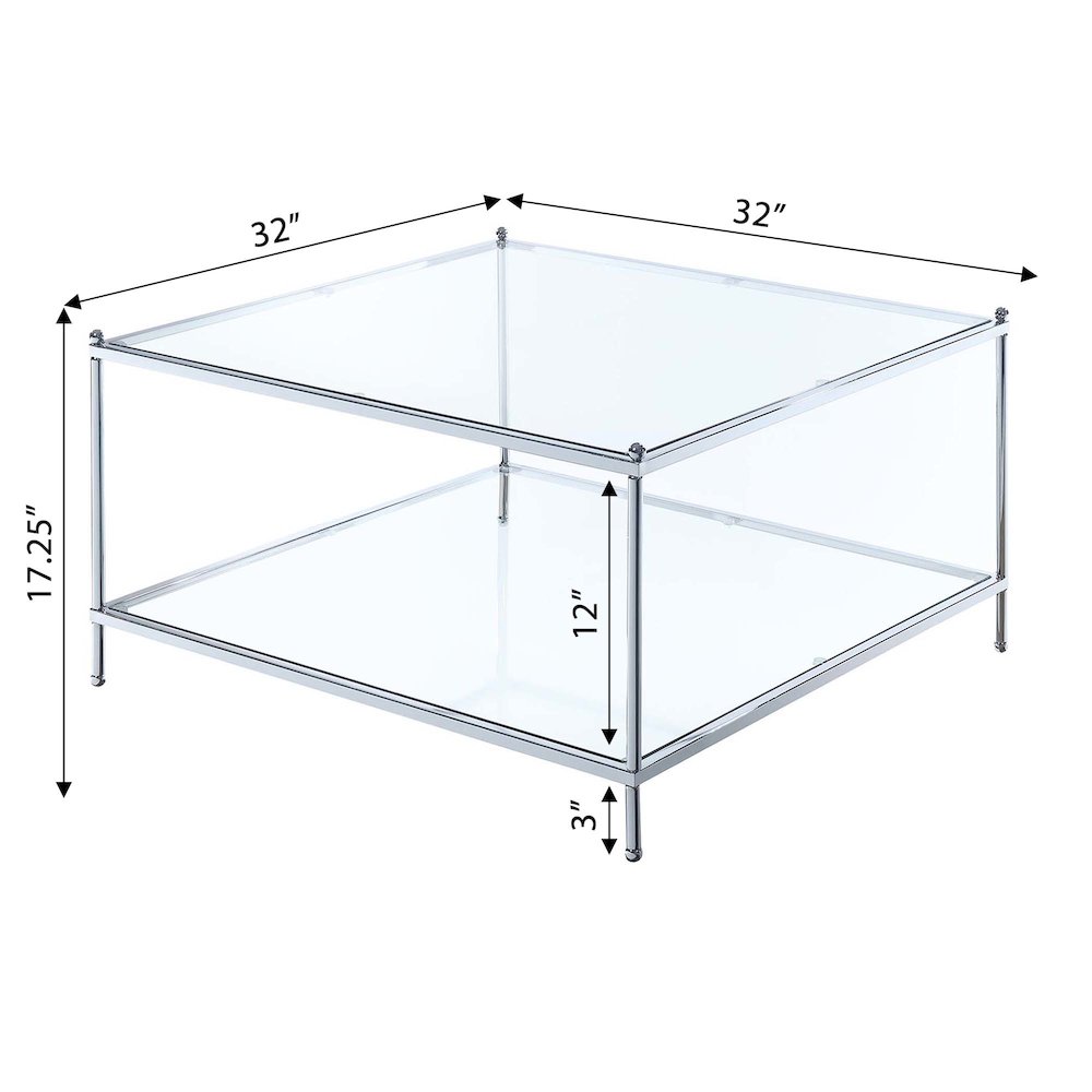 Royal Crest 2 Tier Square Glass Coffee Table, Clear Glass/Chrome Frame. Picture 4